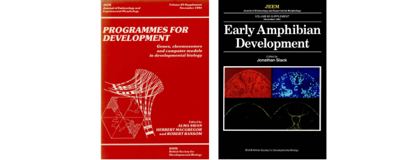 (left) Cover of the 1984 Journal of Embryology and Experimental Morphology (JEEM) Supplement – the first BSDB symposium published by a Company journal. (Right) Cover of the 1985 JEEM supplement, which published that year's BSDB meeting.