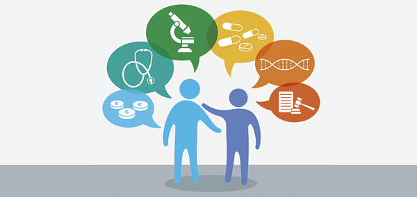 Colourful visual showing two individuals with speech bubbles filled with icons incl money, medicine, stethoscope and a microscope