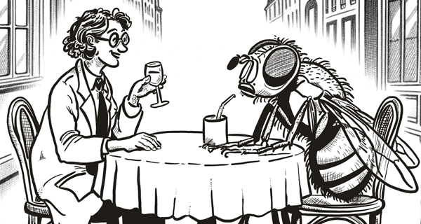 Cartoon of a scientist at a restaurant table with a bee