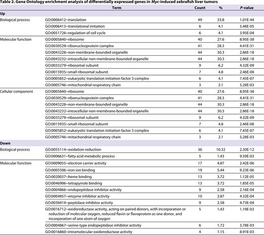Gene Ontology enrichment analysis of differentially expressed genes in Myc-induced zebrafish liver tumors