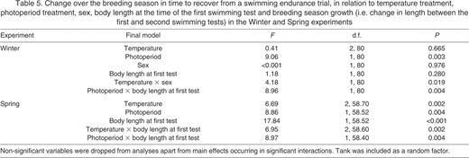 Change over the breeding season in time to recover from a swimming endurance trial, in relation to temperature treatment, photoperiod treatment, sex, body length at the time of the first swimming test and breeding season growth (i.e. change in length between the first and second swimming tests) in the Winter and Spring experiments