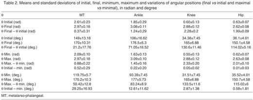 Means and standard deviations of initial, final, minimum, maximum and variations of angular positions (final vs initial and maximal vs minimal), in radian and degree