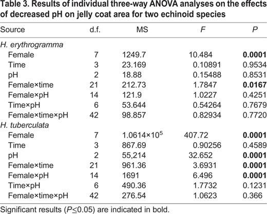 Results of individual three-way ANOVA analyses on the effects of decreased pH on jelly coat area for two echinoid species