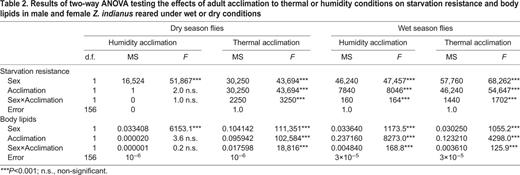 Results of two-way ANOVA testing the effects of adult acclimation to thermal or humidity conditions on starvation resistance and body lipids in male and female Z. indianus reared under wet or dry conditions