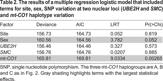 The results of a multiple regression logistic model that included terms for site, sex, SNP variation at two nuclear loci (UBE2H and SMC) and mt-CO1 haplotype variation