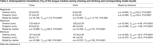 Anteroposterior translations (Txt) of the tongue markers during chewing and drinking and corresponding model results
