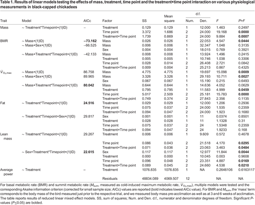 Results of linear models testing the effects of mass, treatment, time point and the treatment×time point interaction on various physiological measurements in black-capped chickadees