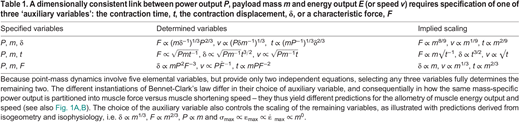 A dimensionally consistent link between power output P, payload mass m and energy output E (or speed v) requires specification of one of three ‘auxiliary variables’: the contraction time, t, the contraction displacement, δ, or a characteristic force, F